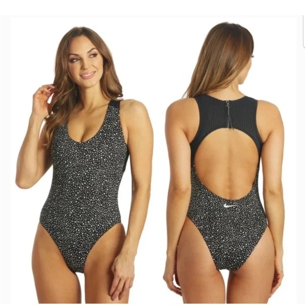 $92 NWT Nike Large Black Water Dots Keyhole Back One-Piece Swimsuit Polka Dot